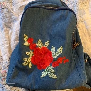 Medium Denim Backpack with Rose Embroidery